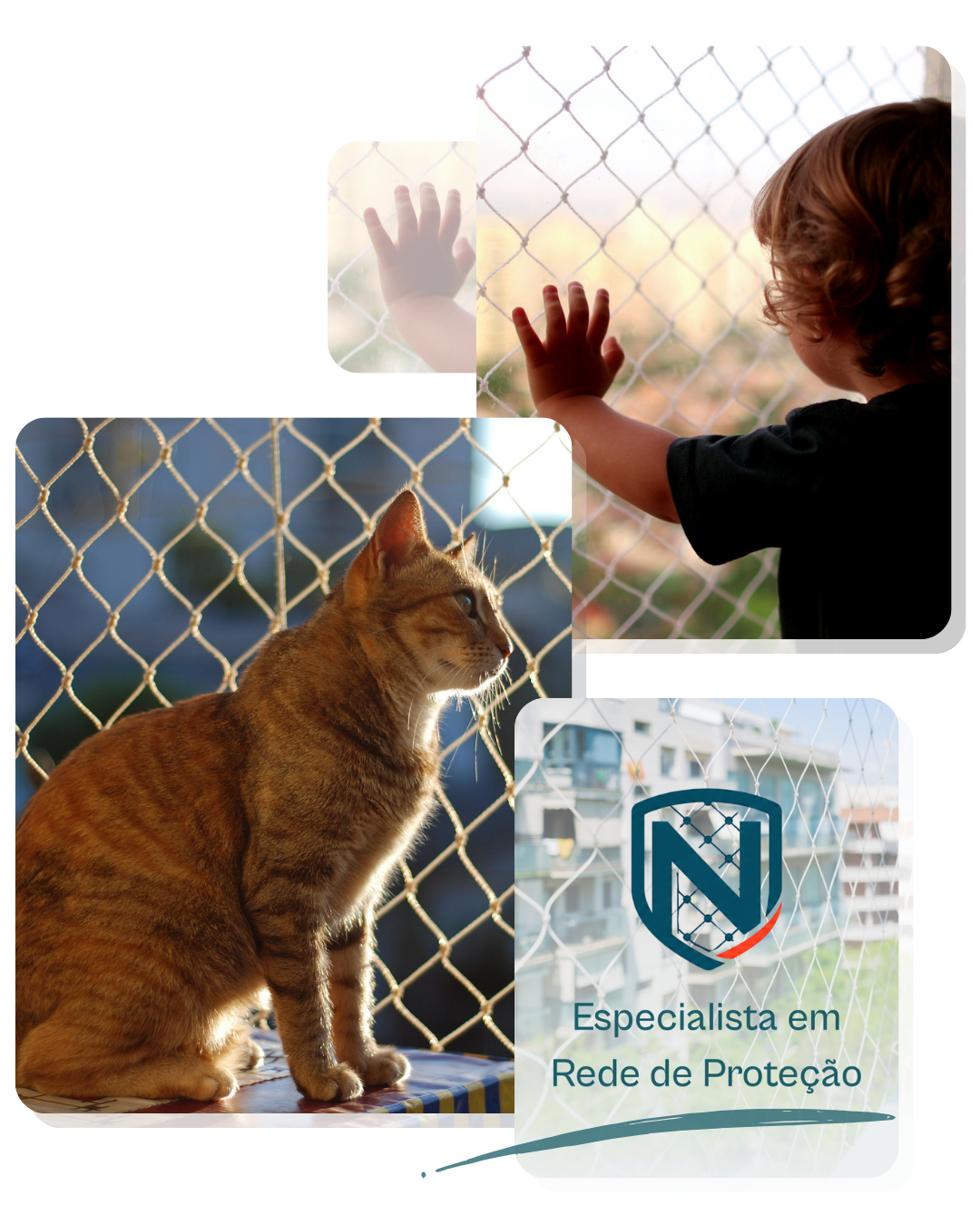 Criança e gato protegidos por rede de proteção da Nobre Telas